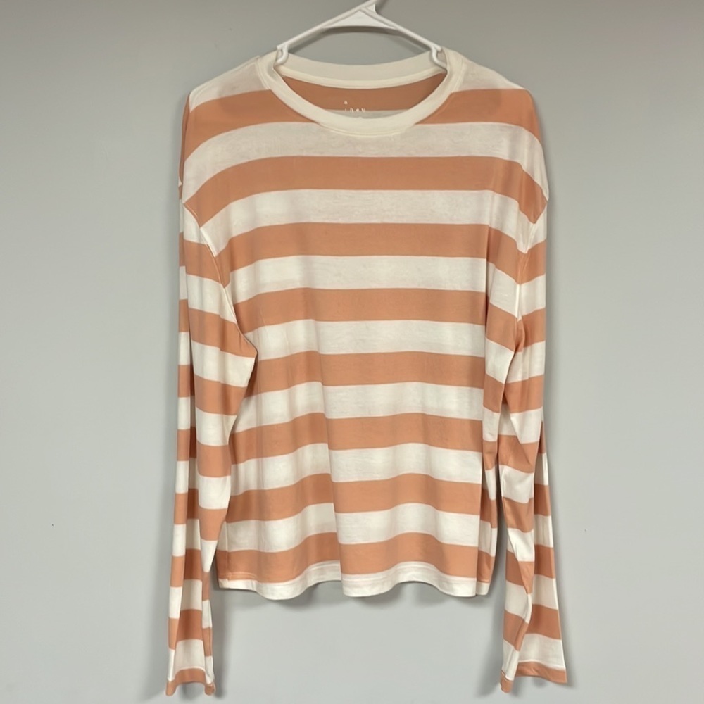 A New Day Women's long sleeve Tee, wide apricot & Cream stripes, soft XL